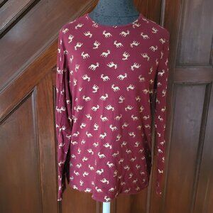 Lands End Womens Burgundy Gold Reindeer Print Long Sleeve Shirt M